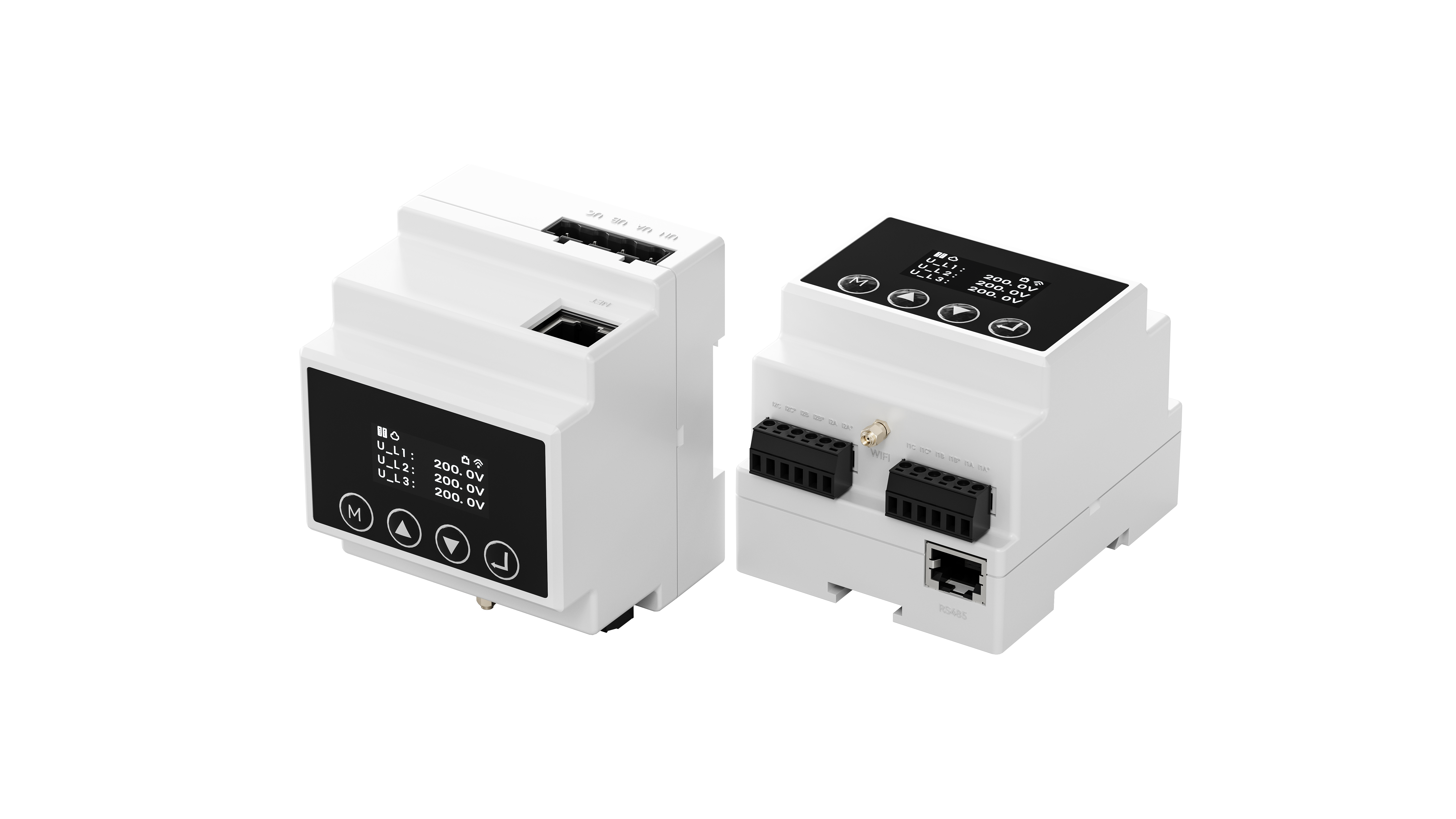 iMeter and iMeter Pro — front panel with OLED display and rear panel with RJ45 Ethernet port